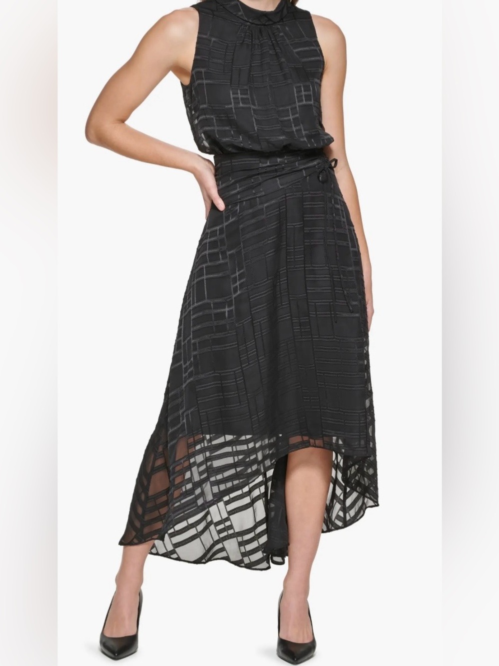 Plaid Sleeveless Clip Dot Chiffon High-Low Dress